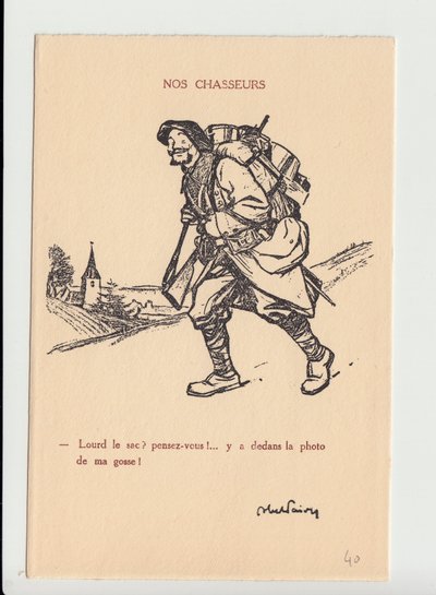 Cartolina satirica, ca. 1915: I nostri cacciatori - Guerra del 14-18, Fotografia, Paternità, Marmellata di teschi - Soldati, Cacciatori alpini da Jules Abel Faivre