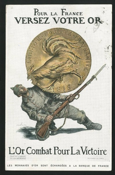 Cartolina, Satirico a colori, circa 1915: Per la Francia, Versa il tuo oro - Guerra del 14-18, Germania Prussia, Argento, Belligeranti e simboli, Vittoria, Prestito, Giornate patriottiche - Gallo - Illustrazione di Abel Faivre (1867-1945) da Jules Abel Faivre