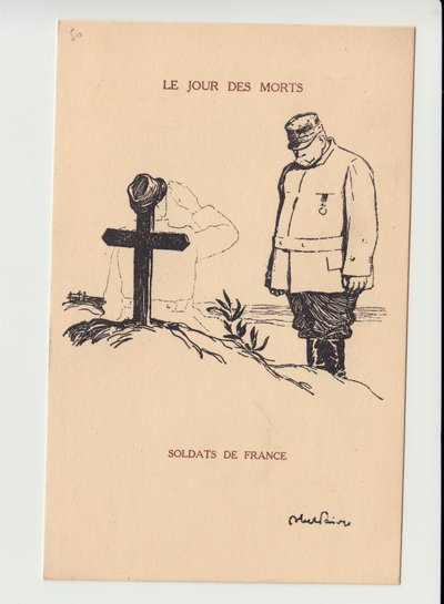 Cartolina, Satirico in N & B, ca. 1915: Giorno dei Morti - Guerra del 14-18, Lutto Funerali - Joffre, Soldati Illustrazione di Abel Faivre da Jules Abel Faivre