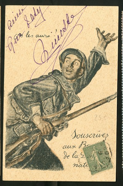 Cartolina: Sottoscrivi i Buoni della Difesa Nazionale - Guerra del 14-18, Belligeranti e Simboli, Prestito, Giorni Patriottici - Illustrazione di Abel Faivre (1867-1945) da Jules Abel Faivre