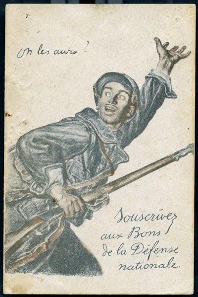 Cartolina di sottoscrizione al salto della Difesa Nazionale che mostra un soldato che va al fronte gridando 