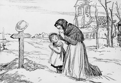 Vedova e sua piccola figlia che piangono sulla tomba del loro padre e marito durante la Prima Guerra Mondiale, 1 novembre da Jules Abel Faivre