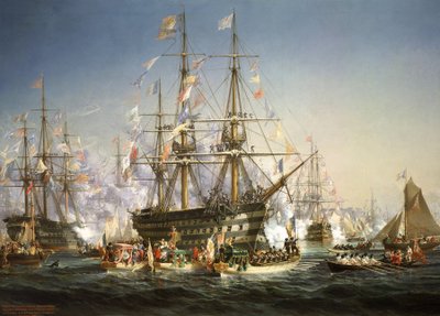 Napoleone III accoglie la regina Vittoria a Cherbourg, Francia, 5 agosto 1858 da Jules Achille Noel