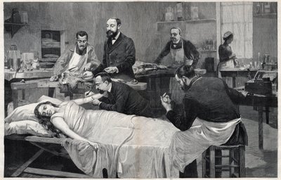 Paziente che riceve una trasfusione di sangue da una capra da Jules Adler