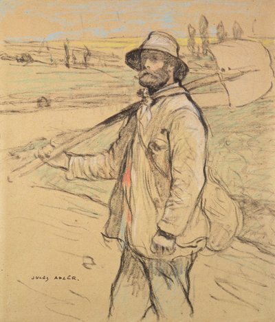 Operaio che cammina a sinistra con una vanga sulla spalla destra da Jules Adler