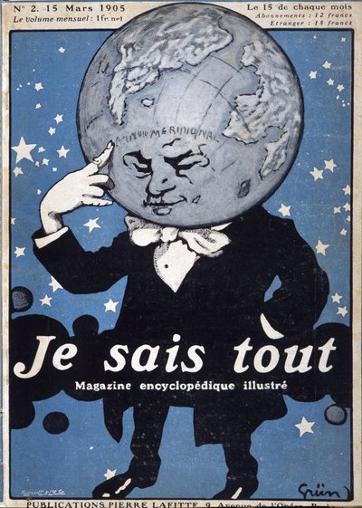 Globo terrestre pensante - in "Je Sais Tout" del 15/03/1905 - illustrazione di Jules Grun 1868-1938 da Jules Alexandre Gruen or Grun