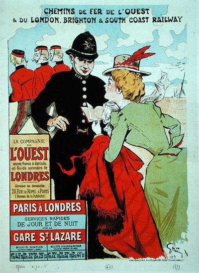 Poster che pubblicizza i servizi ferroviari da Parigi a Londra per la Compagnie des Chemins de Fer de l