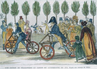 Una corsa di velocipedi al Jardin du Luxembourg nel 1818 dopo un