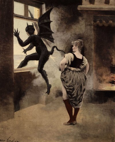 Una vecchia donna di Papefiguiere spaventa il Diavolo che esce dalla finestra. Pantagruel. llustrazione di Jules Garnier. In "Rabelais e l