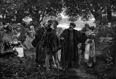Rabelais, curato di Meudon. Lo scrittore François Rabelais (1483-1553) signore di un banchetto nella foresta di Meudon. Fu parroco di Meudon dal 1551 al 1553. Incisione da un dipinto di Jules Garnier in 
