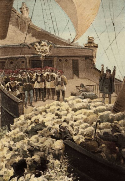 Pecore di Panurge: sulla barca di Dindenaut (Dindenault), pecore e mercanti si gettano in mare. Pantagruel. illustrazione di Jules Garnier. Rabelais e l