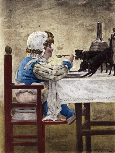I cani di Grandbuckthorn, padre di Gargantua, mangiano nel piatto di Gargantua. Gargantua. Illustrazione di Jules Garnier. In "Rabelais e l