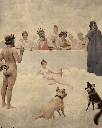 Il dio dei giardini Priapo torna davanti al consiglio degli dei. Al centro, Iupiter (Giove, Zeus). Alla sua sinistra, Bacco (Dionysos, Bacco). In basso, un cane e una volpe. Pantagruel. llustrazione di Jules Garnier. In "Rabelais et l