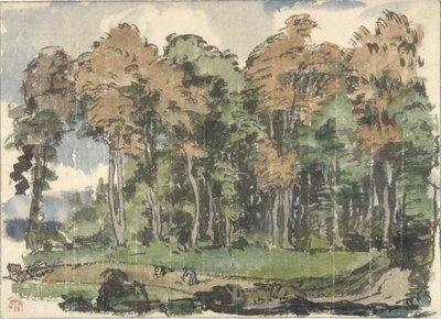 Strada al bordo di un bosco, con contadini al lavoro da Jules Chadel