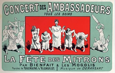 Arte. Intrattenimento. Festa dei ragazzi del fornaio al Cabaret: Concert des Ambassadeurs, Parigi. Poster di Jules Cheret, Francia, c.1880 (poster) da Jules Cheret