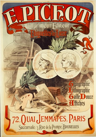 E.PICHOT/Drucker Herausgeber/ Luxus-Etiketten/ Typografie/ Lithografie/ Tiefdruck/ Plakate/ 72,QUAI JEMMAPES,PARIS da Jules Cheret