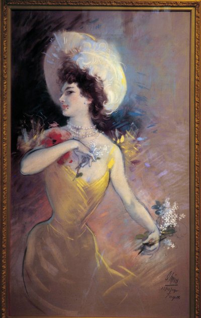 Giovane donna con cappello e mazzo di fiori da Jules Cheret
