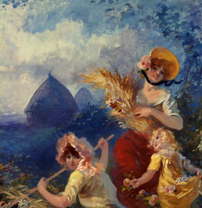 La Terra (allegoria che rappresenta giovani donne che tengono covoni di grano su uno sfondo di raccolto, dettaglio, cartone per arazzo di Jules Cheret, 20° secolo, Nizza, Museo Cheret) da Jules Cheret
