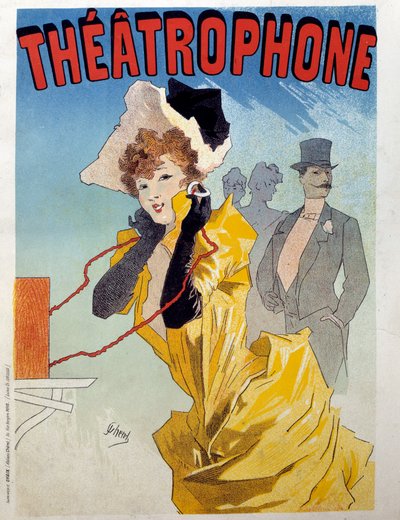 Poster per il Theatrophone: una giovane elegante ascolta un pezzo di teatro. Illustrazione di Jules Cheret da Jules Cheret