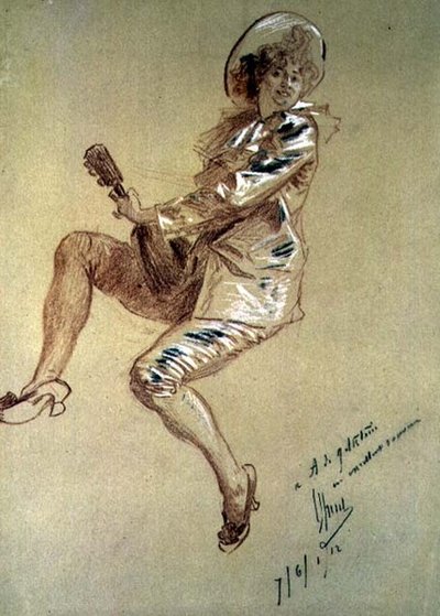 Pierrette seduta, che suona il mandolino da Jules Cheret