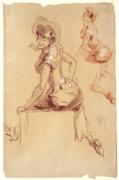 Due studi di donna seduta vista da dietro, che guarda oltre la spalla sinistra da Jules Cheret