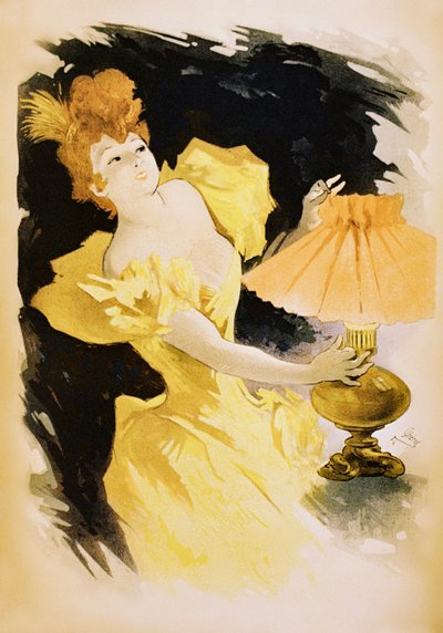 Poster vintage di donna elegante che accende un lampione a gas da Jules Cheret
