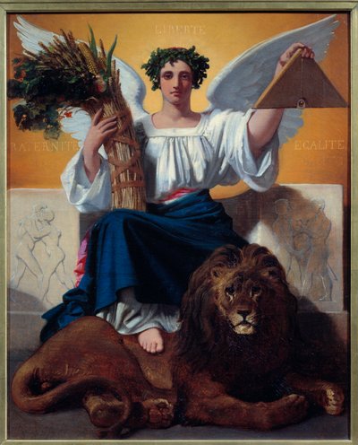 La Repubblica. Allegoria rappresentante la repubblica come una donna angelo che indossa una corona simbolo di libertà, tenendo il fascio, simbolo di fraternità, e il delta, simbolo di uguaglianza, ai piedi di un leone, simbolo di potere. Il motto 