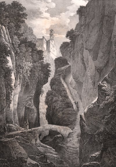 Valle dei Mulini a Sorrento, Campania, Italia, litografia di Villeneuve dopo disegno di Jules Coignet da Jules Coignet
