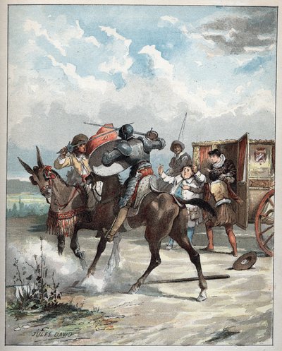 Don Chisciotte attacca il suo nemico - Don Chisciotte, sul suo cavallo, si precipita sul suo nemico - Illustrazione di Jules David da 