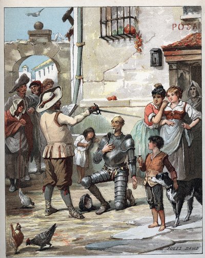 Fuori da una locanda, Don Chisciotte diventa cavaliere - Illustrazione di Jules David (1808-1892) da Storia di Don Chisciotte - 1887 - di Miguel de Cervantes Saavedra (1547-1616) da Jules David
