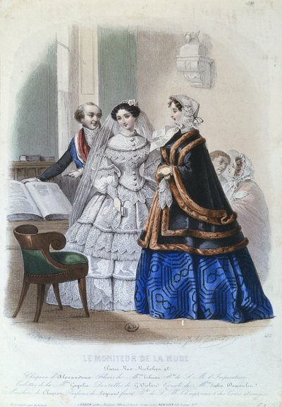 Abito da sposa, tavola di moda da Le Moniteur de la Mode, 1854 da Jules David