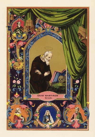 Ritratto di San Martiniano, eremita di Cesarea in Palestina, con aureola, leggendo la Bibbia appoggiato a un teschio umano, all