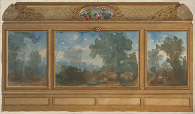 Elevazione di un interno pannellato decorato con paesaggi dipinti e cove con..., 1830-97 da Jules Edmond Charles Lachaise and Eugène Pierre Gourdet