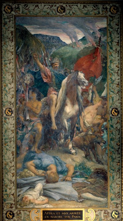 Attila (395-453) re degli Unni e il suo esercito di barbari che marcia su Parigi nel 450. Affresco di Jules Elie Delaunay (1828-1891) da Jules Elie Delaunay