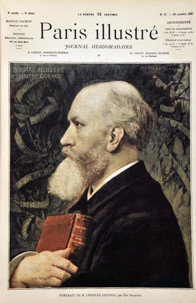 Ritratto di Charles Gounod (con la partitura di Don Giovanni di Mozart) basato sul ritratto di Elie Delaunay. Incisione del 1887 in 