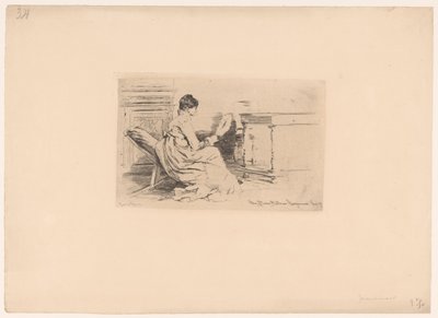 Donna con ventaglio su una sedia bassa da Jules Ferdinand Jacquemart (attributed to)