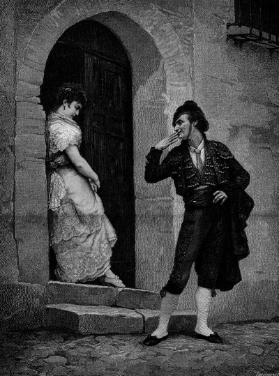 La partenza del torero per la corsa. XIX secolo. Incisione da un dipinto di Rougeron da Jules James Rougeron