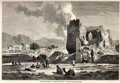 I sobborghi di Teheran (Iran odierno). Disegno di Jules Laurens per illustrare il viaggio di Arthur Gobineau in Persia dal 1855 al 1858. Incisione in "Le tour du monde, nouveau journal des voyages" Parigi da Jules Joseph Augustin Laurens