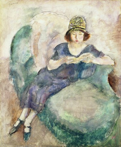 Ragazza in blu che legge su un divano, 1926-27 da Jules Pascin
