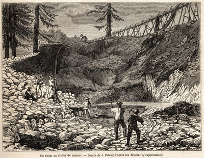 Una concessione mineraria o officina in California, disegno di Jules Pelcoq, per illustrare il viaggio del Barone de Wogan in California nel 1850-1852. Incisione in "Le tour du monde, nouveau journal des voyages" Parigi da Jules Pelcoq
