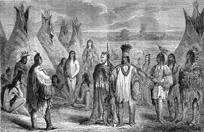 Gruppo di indiani Delawares nel loro campo di tipì. Incisione attribuita a Janet Lange, circa 1870. Illustrazione dell