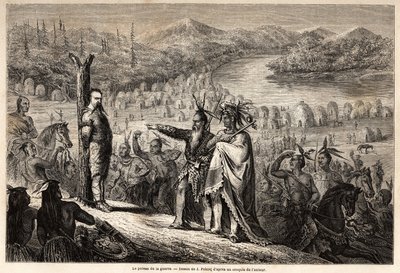 Il palo della guerra, il barone di Wogan catturato dagli indiani della tribù Timpabaches, situato sulle rive del San Juan, braccio del Rio Grande da Jules Pelcoq