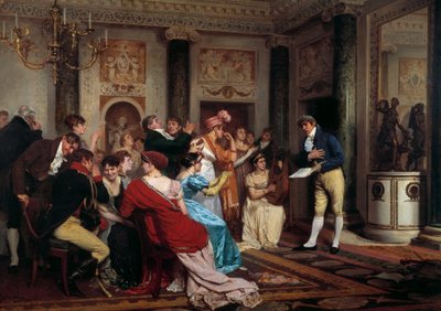 La moda del romanticismo: lettura di un pezzo teatrale in un salone parigino. Dipinto di Jules Worms da Jules Worms