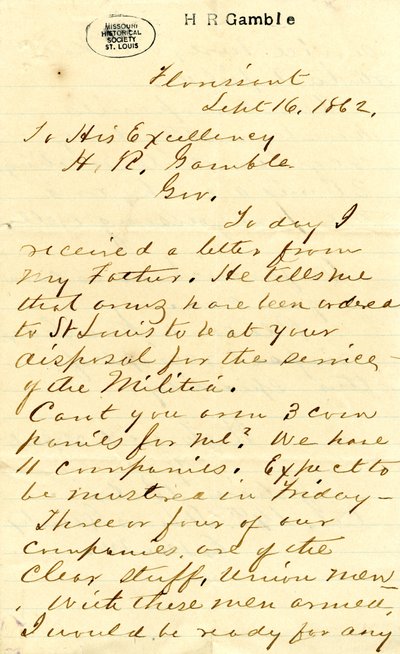 Lettera firmata Julian Bates, Florissant, a Sua Eccellenza H.R. Gamble, 16 settembre 1862 da Julian Bates