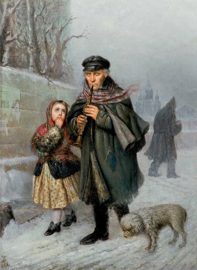 Clarinettista - Scena di strada di San Pietroburgo (clarinettista mendicante con ragazza e cane). da Julian Bończa Tomaszewski