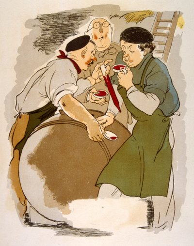 Illustrazione umoristica sul vino 1946. Illustrazione di Julien Pavil da Julien Pavil