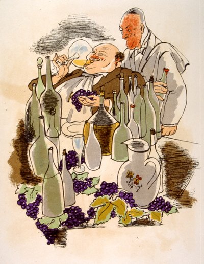 Illustrazione umoristica sul vino 1946. Illustrazione di Julien Pavil da Julien Pavil