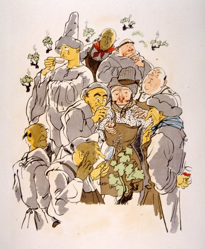 Illustrazione umoristica sul vino 1946. Illustrazione di Julien Pavil da Julien Pavil