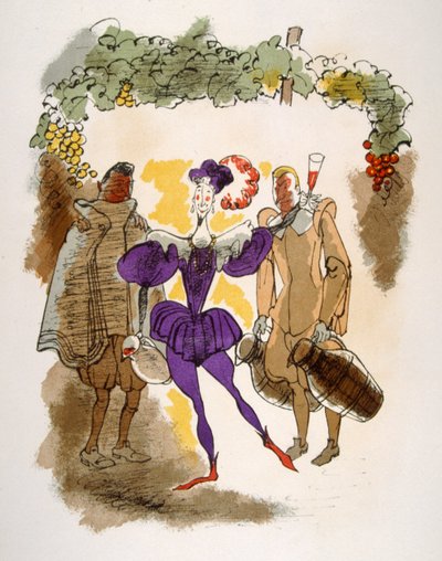 Illustrazione umoristica sul vino 1946. Illustrazione di Julien Pavil da Julien Pavil