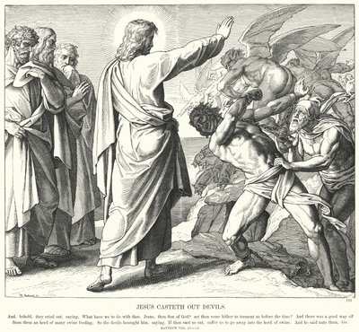 Gesù scaccia i demoni (incisione) da Julius (after) Schnorr von Carolsfeld